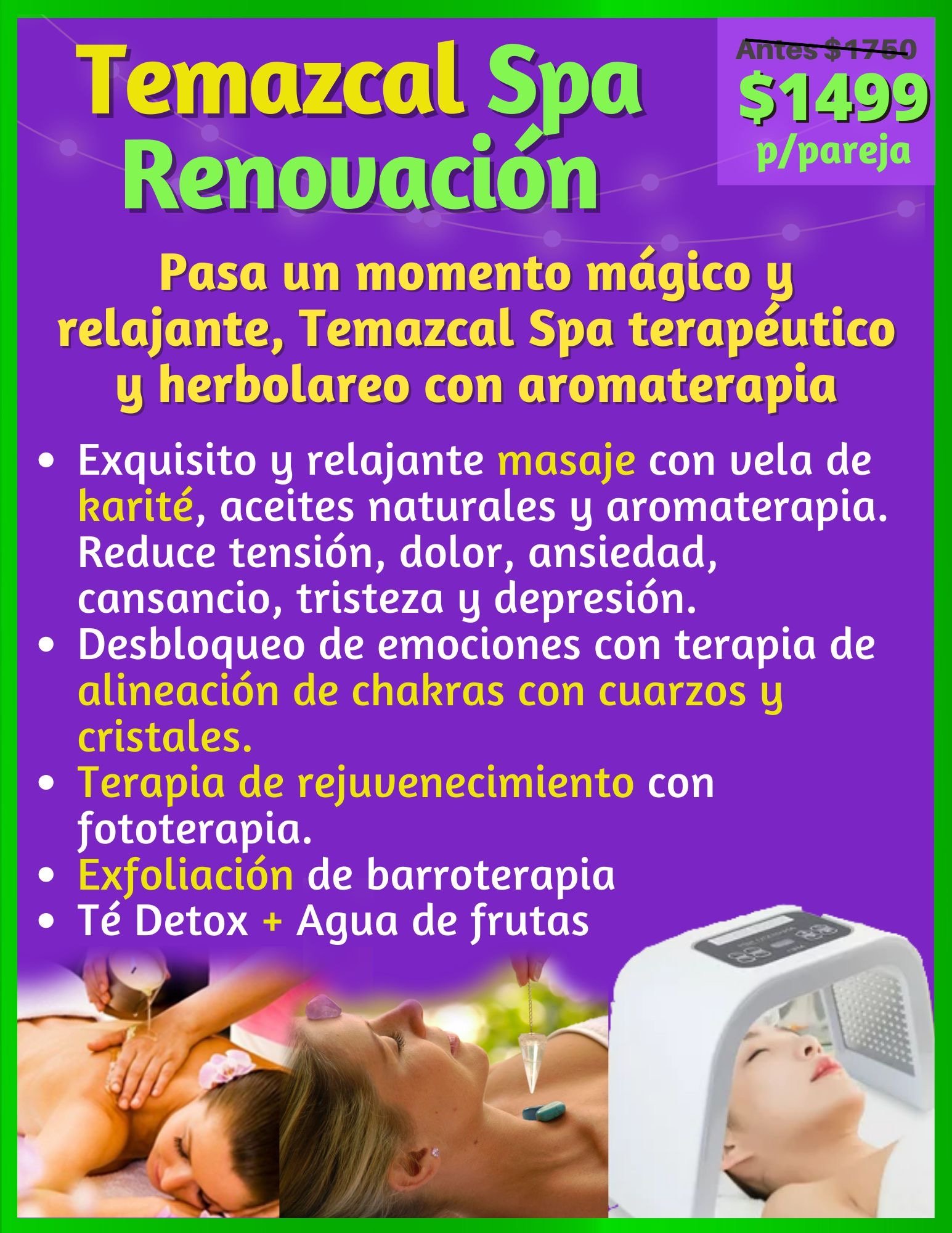 Exquisito temzacal spa de plantas curativas, masaje relajante antiestres con alineaciion de chakras, aceites relajante, cuerpo completo. Piedras calientes  facial de rejuvenecimiento y fototerapia